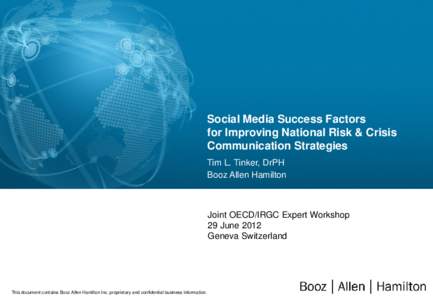 Social Media Success Factors for Improving National Risk & Crisis Communication Strategies Tim L. Tinker, DrPH Booz Allen Hamilton