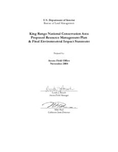 U.S. Department of Interior Bureau of Land Management King Range National Conservation Area Proposed Resource Management Plan & Final Environmental Impact Statement