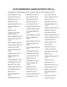 SILVER MEMBERSHIP AWARD RECIPIENTS[removed]Congratulations to the following local units—recipients of this year’s Silver Membership Award! Green Mountain PTA[removed]Rachel Carson PTSA 2.8.7