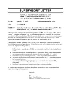 SUPERVISORY LETTER NATIONAL CREDIT UNION ADMINISTRATION OFFICE OF EXAMINATION AND INSURANCE 1775 DUKE STREET, ALEXANDRIA, VA[removed]DATE: