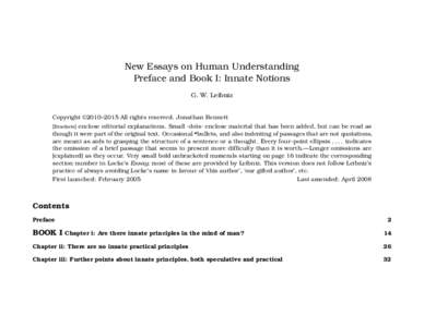 New Essays on Human Understanding Preface and Book I: Innate Notions G. W. Leibniz Copyright ©2010–2015 All rights reserved. Jonathan Bennett [Brackets] enclose editorial explanations. Small ·dots· enclose material 