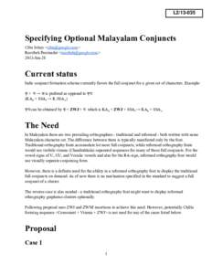 L2/13-035  Specifying Optional Malayalam Conjuncts Cibu Johny <cibu@google.com> Roozbeh Poornader <roozbeh@google.com> 2013­Jan­28