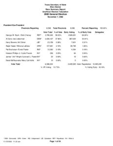 Texas Secretary of State Elton Bomer Race Summary Report Unofficial Election Tabulation[removed]General Election