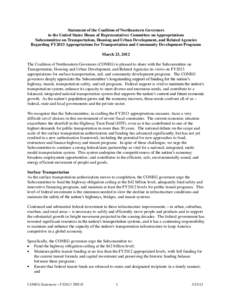 Statement of the Coalition of Northeastern Governors to the United States House of Representatives Committee on Appropriations Subcommittee on Transportation, Housing and Urban Development, and Related Agencies Regarding