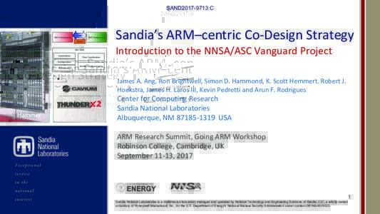 SAND2017D9713&C  Sandia’s(ARM–centric(Co3Design(Strategy Introduction(to(the(NNSA/ASC(Vanguard(Project( James(A.(Ang,(Ron(Brightwell,(Simon(D.(Hammond,(K.(Scott(Hemmert.(Robert(J.( Hoekstra,(James(H.(Laros III,(Kevin