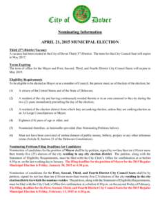 City of  Dover Nominating Information APRIL 21, 2015 MUNICIPAL ELECTION