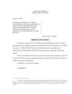 STATE OF VERMONT PUBLIC SERVICE BOARD Docket No[removed]Investigation into petition of 14 Vermont electric utilities for alteration, modification and