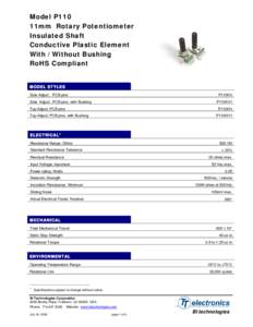 Model P110 11mm Rotary Potentiometer Insulated Shaft Conductive Plastic Element With / Without Bushing RoHS Compliant