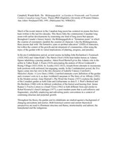 Campbell, Wanda Ruth. The ‘Bildungsgedicht’ as Garden in Nineteenth- and Twentieth Century Canadian Long Poems. Thesis (PhD [English]), University of Western Ontario. Ann Arbor: ProQuest/UMI, Publication No. N