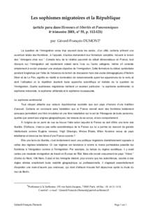 Les sophismes migratoires et la République (article paru dans Hommes et libertés et Panoramiques 4e trimestre 2001, n° 55, ppar Gérard-François DUMONT* La question de l’immigration verse trop souvent da