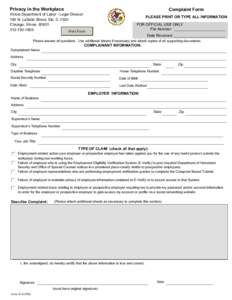 Privacy in the Workplace  Complaint Form Illinois Department of Labor - Legal Division 160 N. LaSalle Street, Ste. C-1300