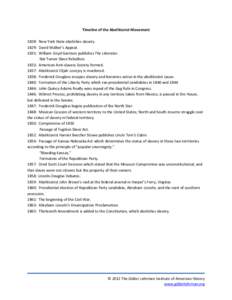 Timeline of the Abolitionist Movement 1828: New York State abolishes slavery. 1829: David Walker’s Appeal. 1831: William Lloyd Garrison publishes The Liberator. Nat Turner Slave Rebellion. 1833: American Anti-slavery S