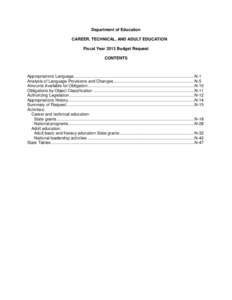 Department of Education CAREER, TECHNICAL, AND ADULT EDUCATION Fiscal Year 2013 Budget Request CONTENTS  Appropriations Language ...........................................................................................