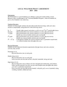 LOCAL WELLNESS POLICY ASSESSMENT 2015 – 2016 Participation The Board believes a good breakfast gives children a jump-start on their ability to learn. Because of this, we participate in the “Universal Breakfast Progra