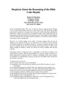 Skeptical About the Reasoning of the Bible Code Skeptic Robert M Haralick