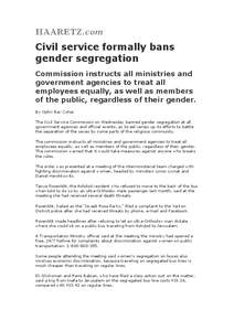 Civil service formally bans gender segregation Commission instructs all ministries and government agencies to treat all employees equally, as well as members of the public, regardless of their gender.