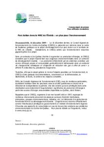 CRECQ Conseil régional de l’environnement du Centre-du-Québec  Communiqué de presse