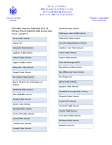 SAUs Who Have Not Submitted[removed]EDFacts Annual Academic Staff Survey Data (As of[removed]Charlotte Public Schools Chebeague Island Public Schools