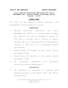 STATE OF NEW HAMPSHIRE  BANKING DEPARTMENT In re: American Foreclosure Specialists LLC (d/b/a AFSCANHELP.com), Kristian Hendel, and Michael Harris