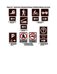 Figure 2J-1. Typical Use of Educational Plaques, Prohibitory Slashes, and Arrows  a) Directional sign with arrow  c)