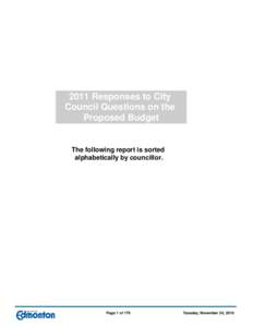 Questions by City Council on Proposed 2011 Budget