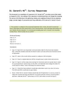 St. Gerard’s 40th: Survey Responses This document is a compilation of responses to St. Gerard’s 40 th, an online survey that ended on August 24, 2011. Any editing of the responses is minimal and does not change the m