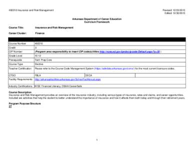 [removed]Insurance and Risk Management  Revised: [removed]Edited: [removed]Arkansas Department of Career Education Curriclum Framework
