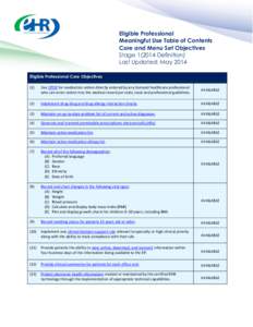 Eligible Professional Meaningful Use Table of Contents Core and Menu Set Objectives Stage[removed]Definition) Last Updated: May 2014 Eligible Professional Core Objectives