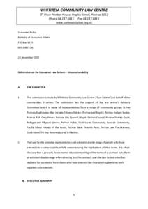WHITIREIA COMMUNITY LAW CENTRE 3rd Floor Pember House, Hagley Street, Porirua 5022 Phone[removed]Fax[removed]www.communitylaw.org.nz Consumer Policy Ministry of Consumer Affairs