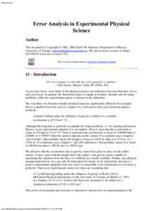 Introduction  Error Analysis in Experimental Physical Science Author This document is Copyright © 2001, 2004 David M. Harrison, Department of Physics,