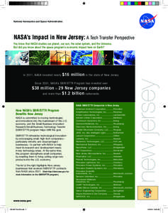 National Aeronautics and Space Administration  NASA’s Impact in New Jersey: A Tech Transfer Perspective You know that NASA studies our planet, our sun, the solar system, and the Universe. But did you know about the spa