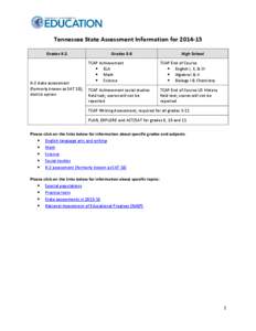 Tennessee State Assessment Information for[removed]Grades K-2 K-2 state assessment (formerly known as SAT 10); district option