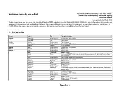 Department for Environment Food and Rural Affairs / Animal Health and Veterinary Laboratories Agency Pet Travel Scheme Assistance routes by sea and rail