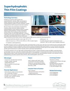 Superhydrophobic Thin Film Coatings UT-B ID[removed]PFTT Technology Summary Exploiting its expertise with thin films and