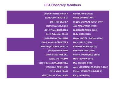 EFA Honorary MembersHeribert BARRERACarlos BAUTISTANeil BLANEYDouwe BIJLSMA