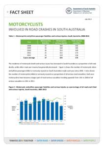 FACT SHEET July 2013 MOTORCYCLISTS  INVOLVED IN ROAD CRASHES IN SOUTH AUSTRALIA