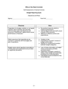 Office of the State Controller Self-Assessment of Internal Controls Budget Reporting Cycle Objectives and Risks Agency ____________________________