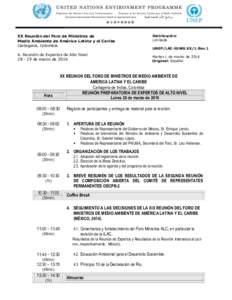 XX Reunión del Foro de Ministros de Medio Ambiente de América Latina y el Caribe Cartagena, Colombia A. Reunión de Expertos de Alto Nivelde marzo de 2016