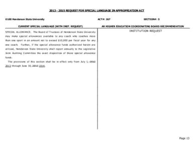 [removed]REQUEST FOR SPECIAL LANGUAGE IN APPROPRIATION ACT 0100 Henderson State University CURRENT SPECIAL LANGUAGE (WITH INST. REQUEST) S PECIAL ALLOWANCE. T he Boar d of T r ustees of Hender son S tate Univer sity  