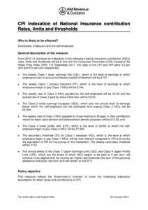 CPI Indexation of National Insurance contribution Rates, limits and thresholds