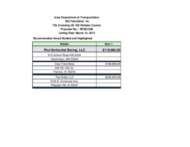 Iowa Department of Transportation Bid Tabulation for Tile Crossing US 169 Webster County Proposal No.: RFQ01208 Letting Date: March 14, 2014 Recommended Award Bolded and Highlighted