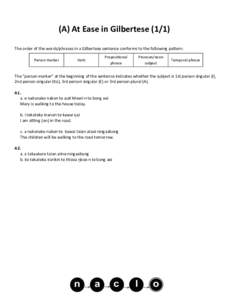 (A) At Ease in GilberteseThe order of the words/phrases in a Gilbertese sentence conforms to the following pattern: Person marker Verb