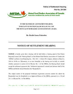 Notice of Settlement Hearing[removed]Re: Brodie James Pattenden