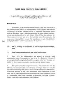 NOTE FOR FINANCE COMMITTEE  Ex-gratia Allowances relating to Land Resumption, Clearance and Marine Works in Hong Kong Waters  Introduction