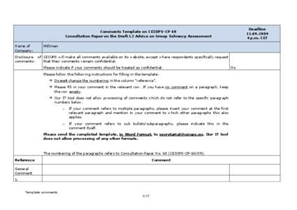 Deadline[removed]p.m. CET Comments Template on CEIOPS-CP 60 Consultation Paper on the Draft L2 Advice on Group Solvency Assessment