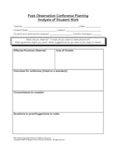 Post Observation Conference Planning Analysis of Student Work Teacher: _____________________________________Date: __________ Grade/Class: ___________________Lesson: _______________________ Student work selected for analy