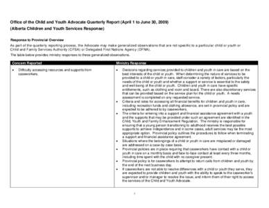 Office of the Child and Youth Advocate Quarterly Report (April 1 to June 30, [removed]Alberta Children and Youth Services Response) Response to Provincial Overview As part of the quarterly reporting process, the Advocate m