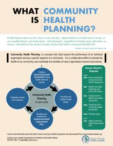 WHAT COMMUNITY IS HEALTH PLANNING? Health begins where we live, learn, work and play. Opportunities for health start at home, in our neighborhoods and work places. And all people—regardless of background, education, or