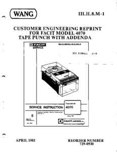 Facit Model 4070 Tape Bunch with Addenda Service Instruction