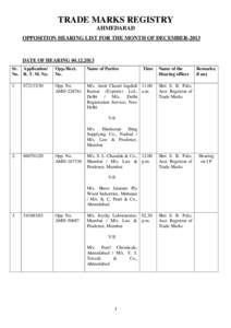 TRADE MARKS REGISTRY AHMEDABAD OPPOSITION HEARING LIST FOR THE MONTH OF DECEMBER-2013 DATE OF HEARING[removed]Sr. Application/